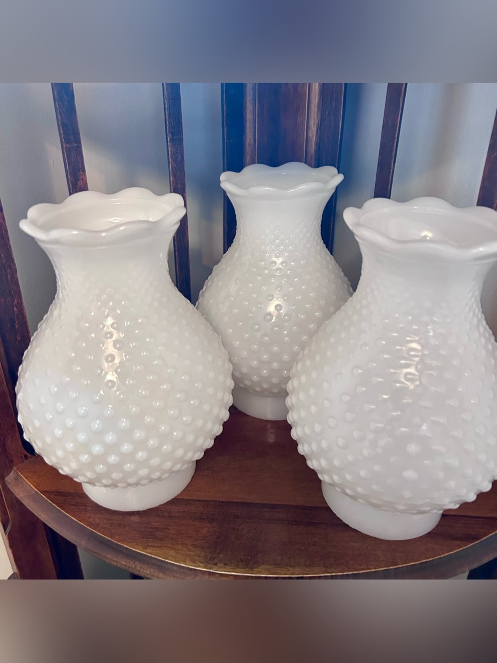 VTG Milk Glass Hobnail Hurricane Lamp Shade Ruffled Edge Globe- Set of 3